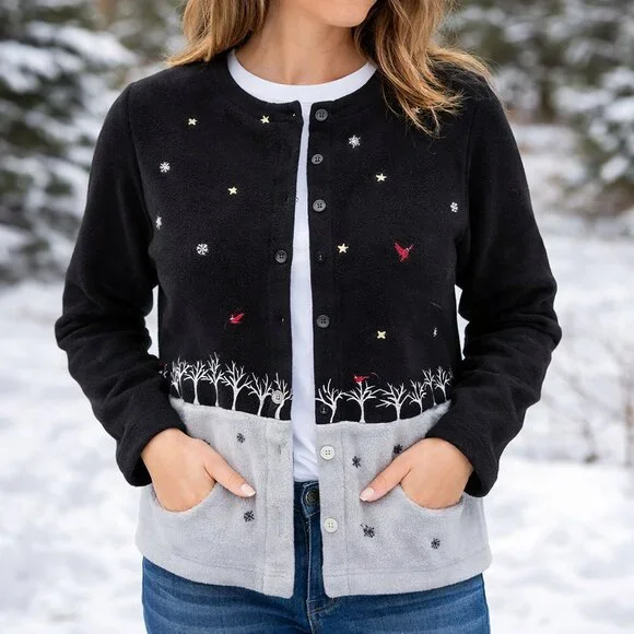 Christopher & Banks Winter Scene Cardigan Sweater Women’s Large Snowflake Bird C - Picture 1 of 11